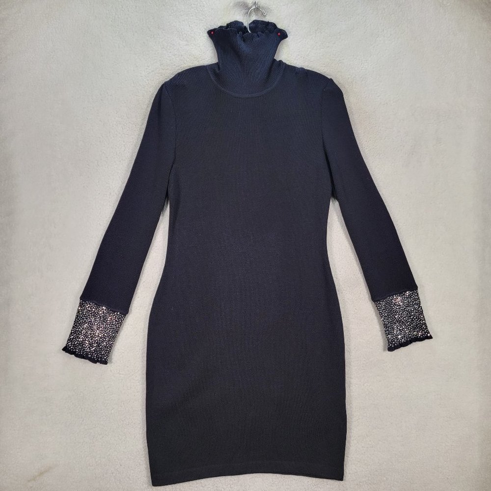NWT St. John Evening Wool Blend Rhinestone Cuff Open Back High Neck Sheath Dress